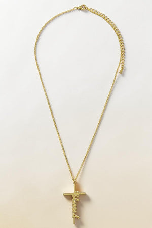 CURSIVE BLESSED SCRIPTED CROSS PENDANT NECKLACE