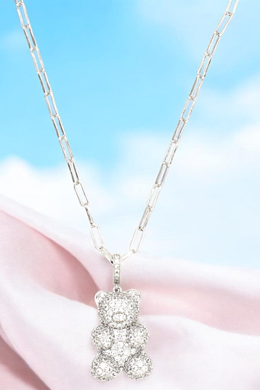 CZ STONE TEDDY PENDANT CHAIN LINK NECKLACE