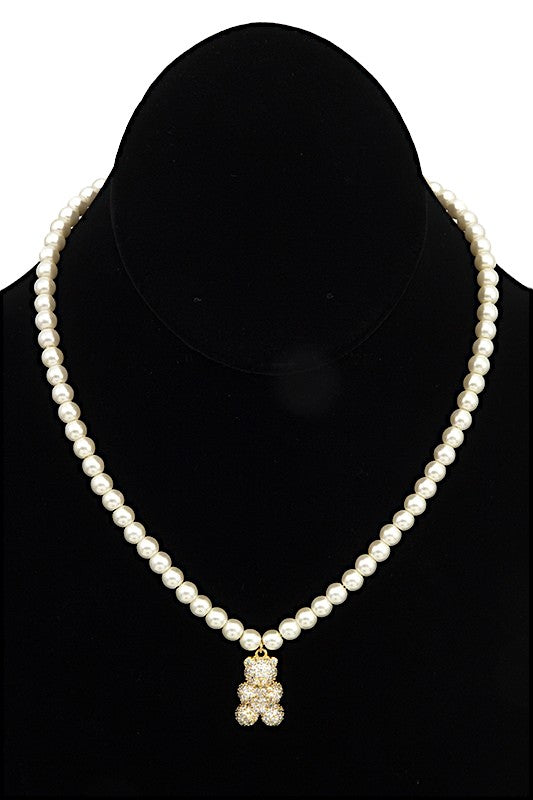 CZ STONE PAVE TEDDY PENDANT PEARL NECKLACE