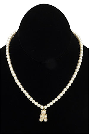 CZ STONE PAVE TEDDY PENDANT PEARL NECKLACE