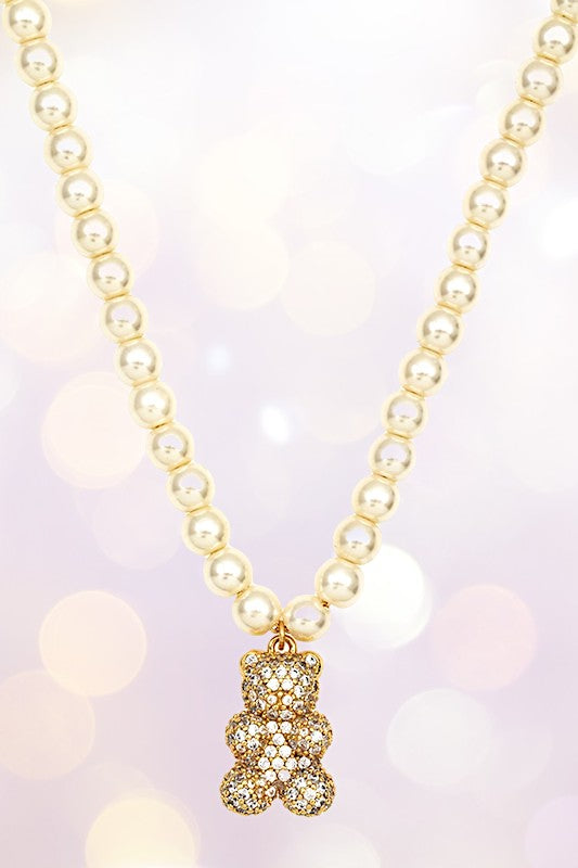 CZ STONE PAVE TEDDY PENDANT PEARL NECKLACE