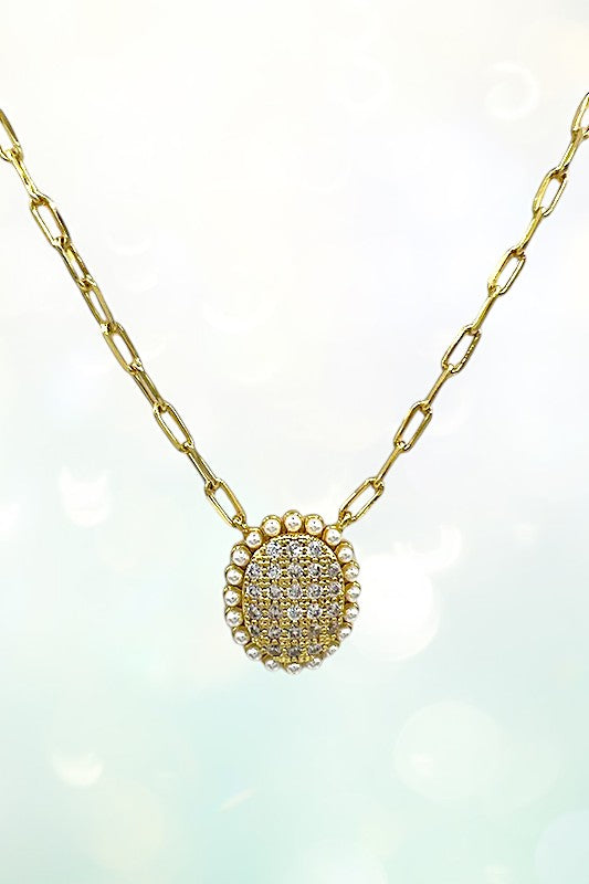 Oval Cubic Zirconia Pearl Pendant Chain Necklace