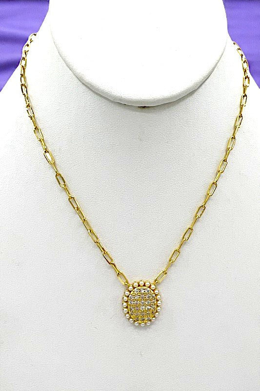 Oval Cubic Zirconia Pearl Pendant Chain Necklace