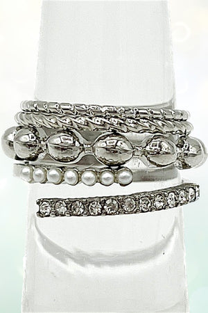 RHINESTONE PEARL BEAD MIX 4 RING SET