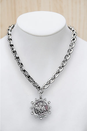 WESTERN DOUBLE HORSE ROUND COIN PENDANT BULKY CHAIN NECKLACE