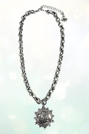WESTERN DOUBLE HORSE ROUND COIN PENDANT BULKY CHAIN NECKLACE