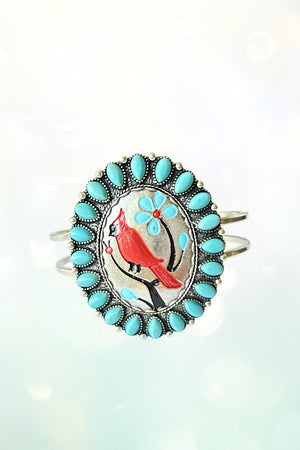 WESTERN CARDINAL IMPRINTED TQ GEM FRAMED OVAL CONCHO HINGE BRACELET