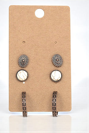 ETCHED GEM DETAIL HOOP EARRING SET