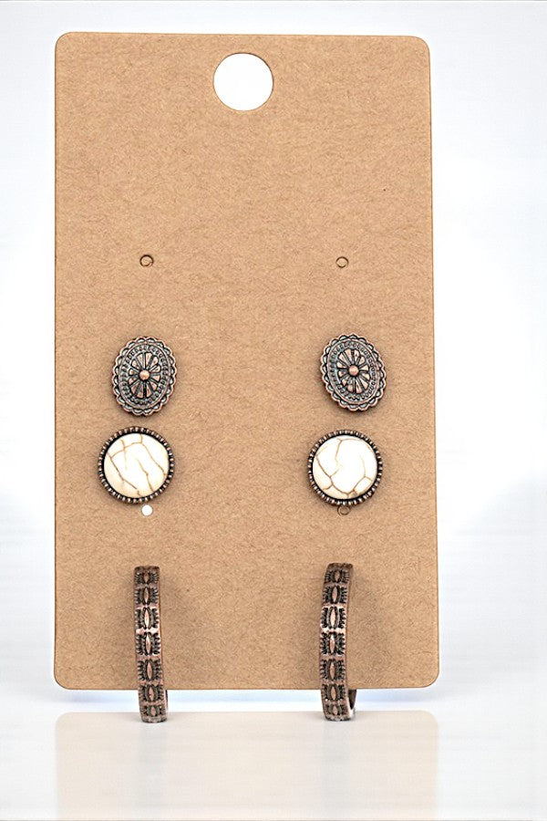 ETCHED GEM DETAIL HOOP EARRING SET