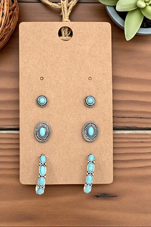 ETCHED OVAL GEM HOOP EARRING SET