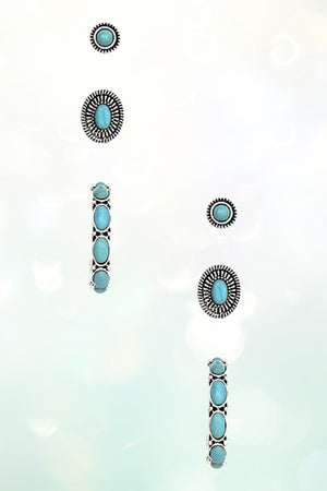 ETCHED OVAL GEM HOOP EARRING SET