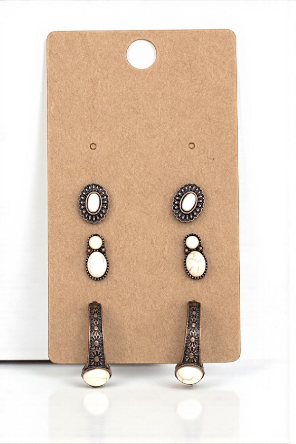 GEM PAVE ETCHED POST HOOP EARRING SET