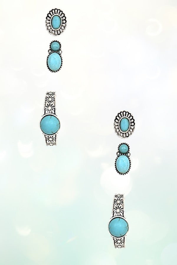 GEM PAVE ETCHED POST HOOP EARRING SET