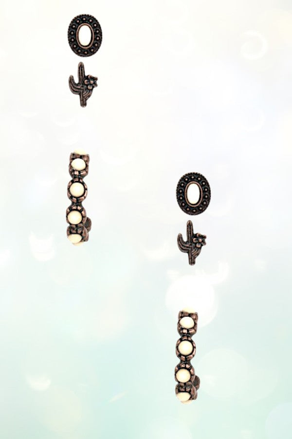 CACTUS OVAL GEM POST HOOP EARRING SET