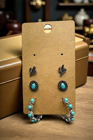 CACTUS OVAL GEM POST HOOP EARRING SET