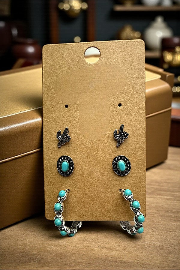 CACTUS OVAL GEM POST HOOP EARRING SET