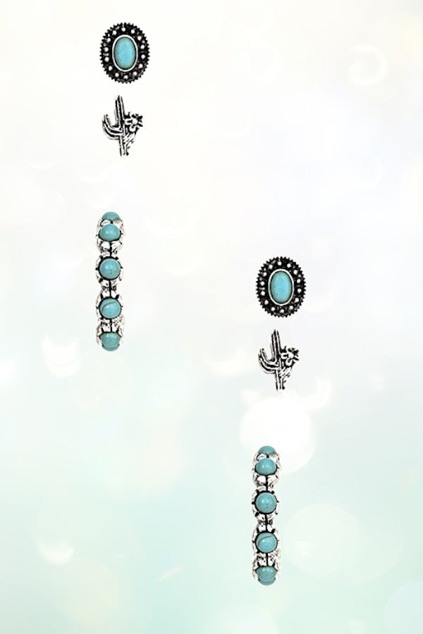 CACTUS OVAL GEM POST HOOP EARRING SET