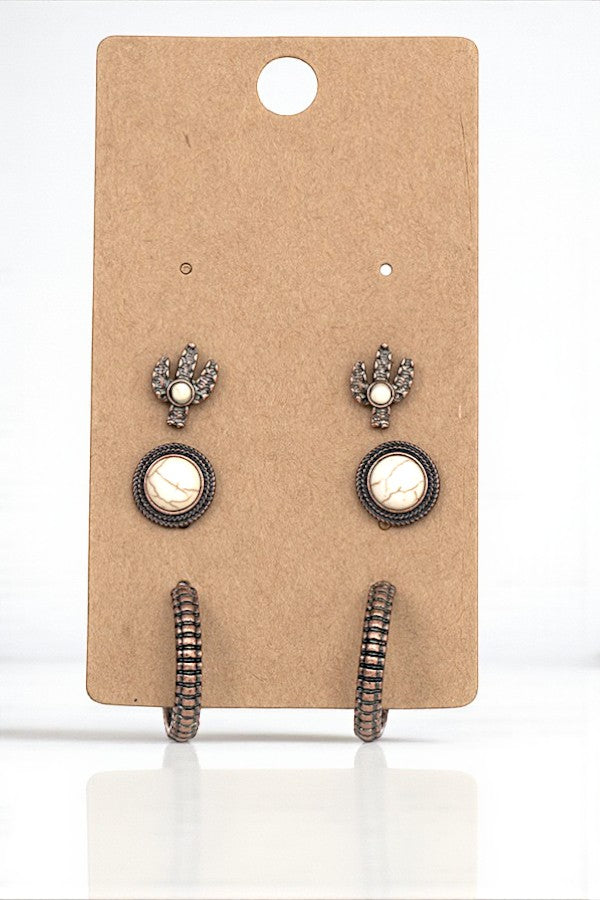 ROUND CACTUS GEM POST HOOP EARRING SET