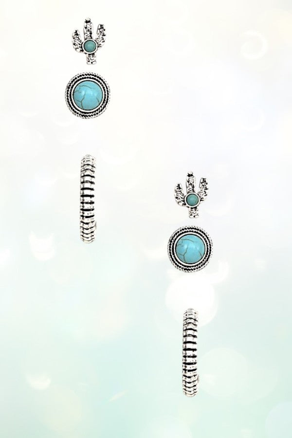 ROUND CACTUS GEM POST HOOP EARRING SET