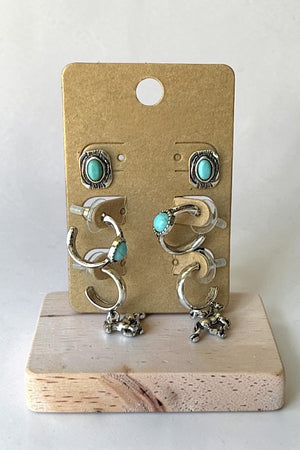 WESTERN TQ GEM ACCENT 3 PAIR EARRINGS SET