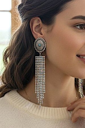 TQ GEM CENTERED CONCHO RHINESTONE PAVE FRINGE DROP EARRING