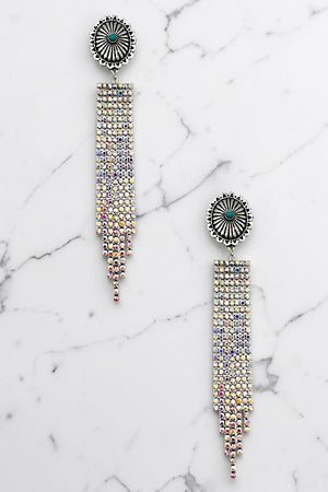 TQ GEM CENTERED CONCHO RHINESTONE PAVE FRINGE DROP EARRING