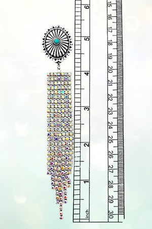 TQ GEM CENTERED CONCHO RHINESTONE PAVE FRINGE DROP EARRING