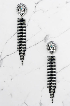 TQ GEM CENTERED CONCHO RHINESTONE PAVE FRINGE DROP EARRING