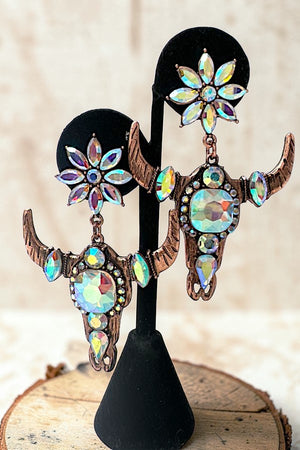 DAZZLING CRYSTAL AB GEMSTONE COW HEAD DANGLE FLORAL GEM POST EARRING