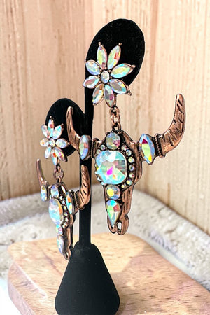 DAZZLING CRYSTAL AB GEMSTONE COW HEAD DANGLE FLORAL GEM POST EARRING