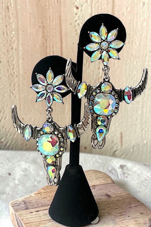 DAZZLING CRYSTAL AB GEMSTONE COW HEAD DANGLE FLORAL GEM POST EARRING