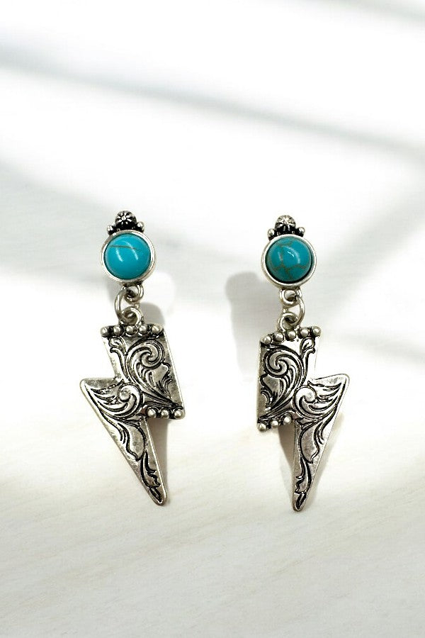 Lightning Engraved Turquoise Gem Post Earring