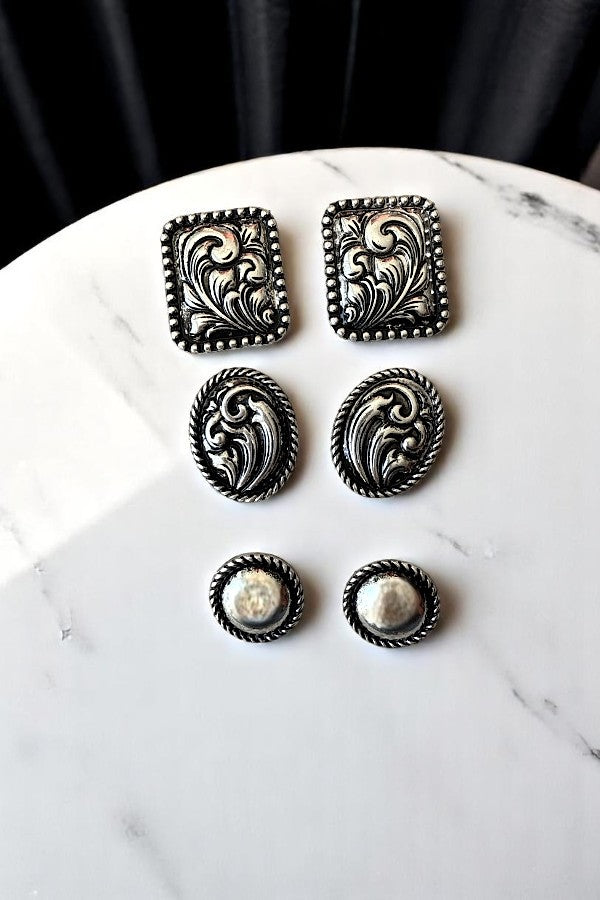 WESTERN ETCHED CONCHO MIX POST EARRING SET