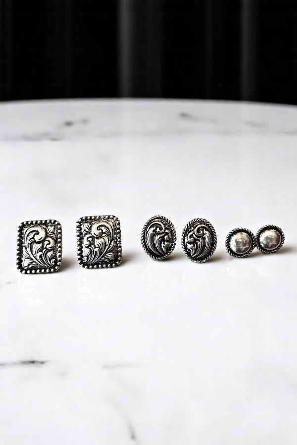 WESTERN ETCHED CONCHO MIX POST EARRING SET