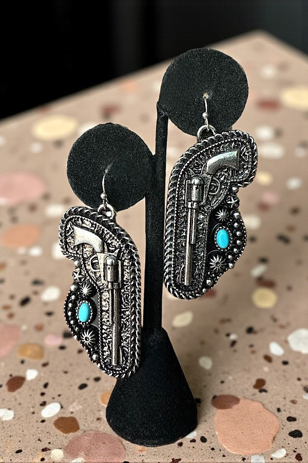 WESTERN TQ GEM ACCENT PISTOL DANGLE EARRING