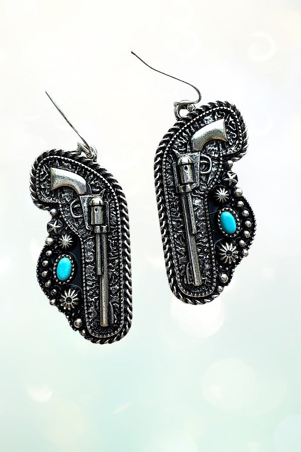 WESTERN TQ GEM ACCENT PISTOL DANGLE EARRING