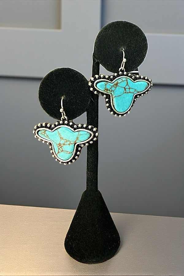 WESTERN FRAMED TQ GEM COWHEAD DANGLE EARRING