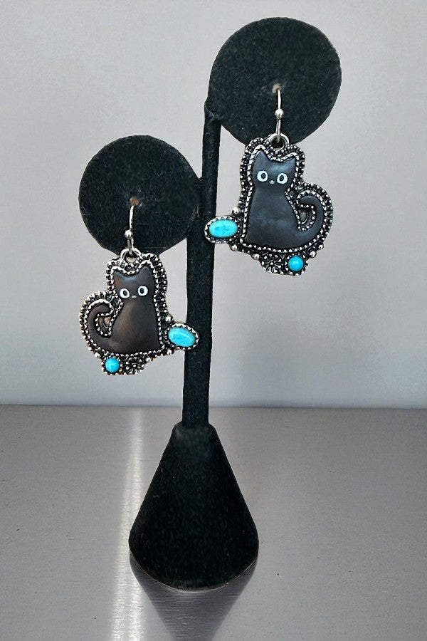 TQ GEM ACCENT MATTE BLACK CAT DANGLE EARRING