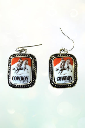 WESTERN FRAMED ETCHED VINTAGE COWBOY KILLER PORTRAIT DANGLE EARRING