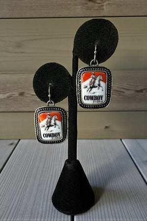 WESTERN FRAMED ETCHED VINTAGE COWBOY KILLER PORTRAIT DANGLE EARRING