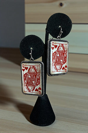 WESTERN VINTAGE QUEEN OF HEARTS PLAYING CARD DANGLE EARRING
