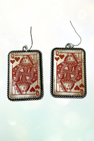 WESTERN VINTAGE QUEEN OF HEARTS PLAYING CARD DANGLE EARRING