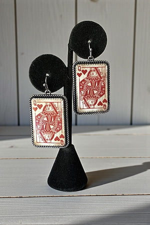 WESTERN VINTAGE QUEEN OF HEARTS PLAYING CARD DANGLE EARRING