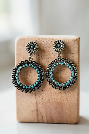 WESTERN TQ BEAD ETCHED STAR FLORAL POST CIRCLE DROP EARRING