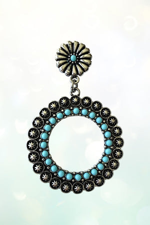 WESTERN TQ BEAD ETCHED STAR FLORAL POST CIRCLE DROP EARRING