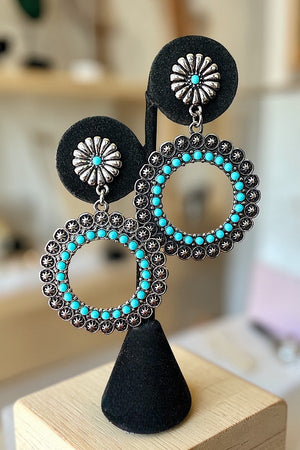 WESTERN TQ BEAD ETCHED STAR FLORAL POST CIRCLE DROP EARRING