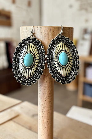 WESTERN TQ ETCHED OVAL CONCHO DROP EARRING