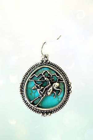 WESTERN FRAMED ROUND TURQUOISE GEM HORSE RIDING DANGLE EARRING