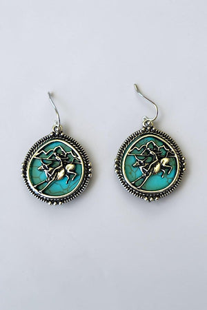 WESTERN FRAMED ROUND TURQUOISE GEM HORSE RIDING DANGLE EARRING