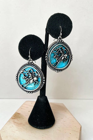 WESTERN FRAMED ROUND TURQUOISE GEM HORSE RIDING DANGLE EARRING